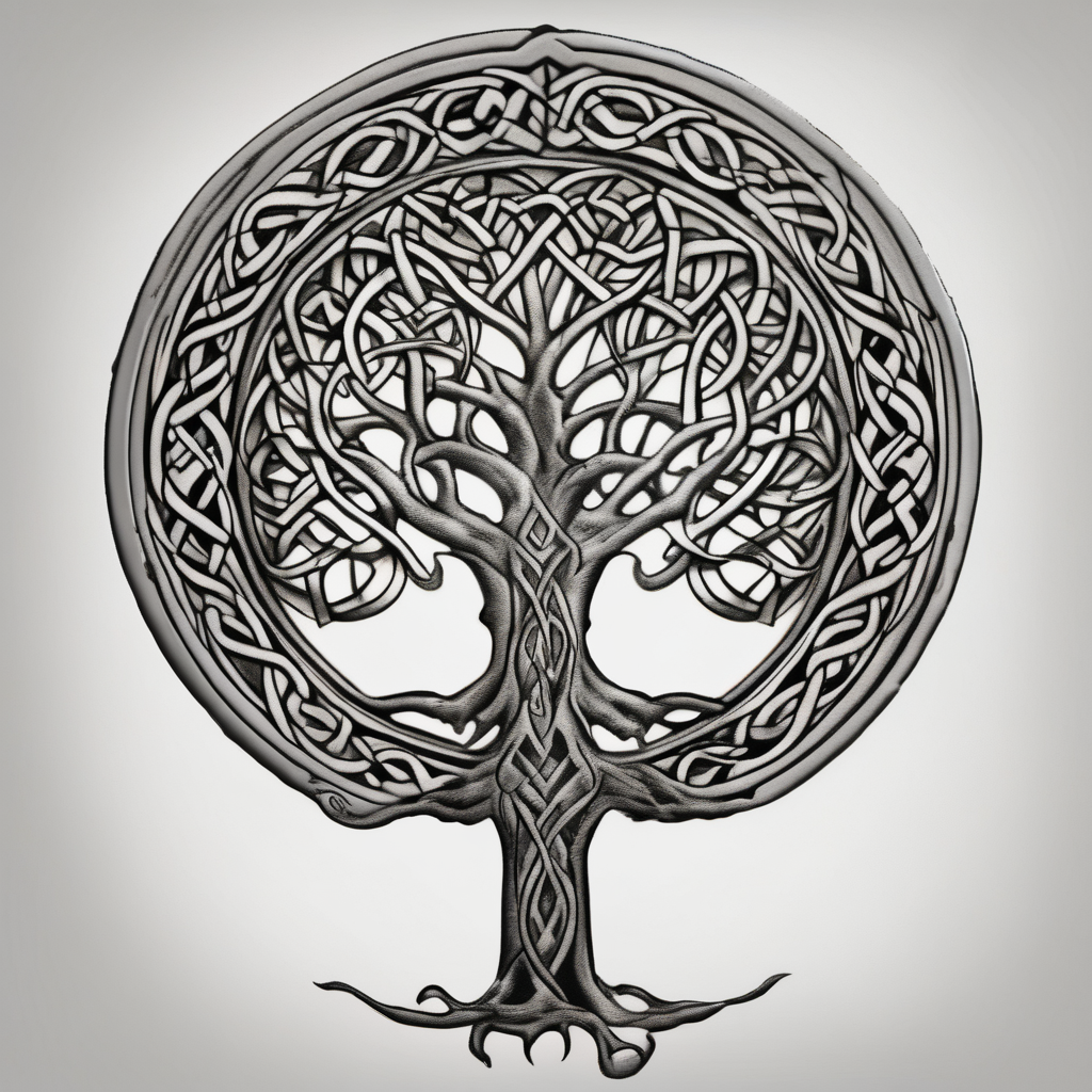 Irish shoulder tattoo, that is non-religious and has a Celtic tree hello kitty tattoo(AIが生成したリアリズムスタイルのタトゥーデザイン)